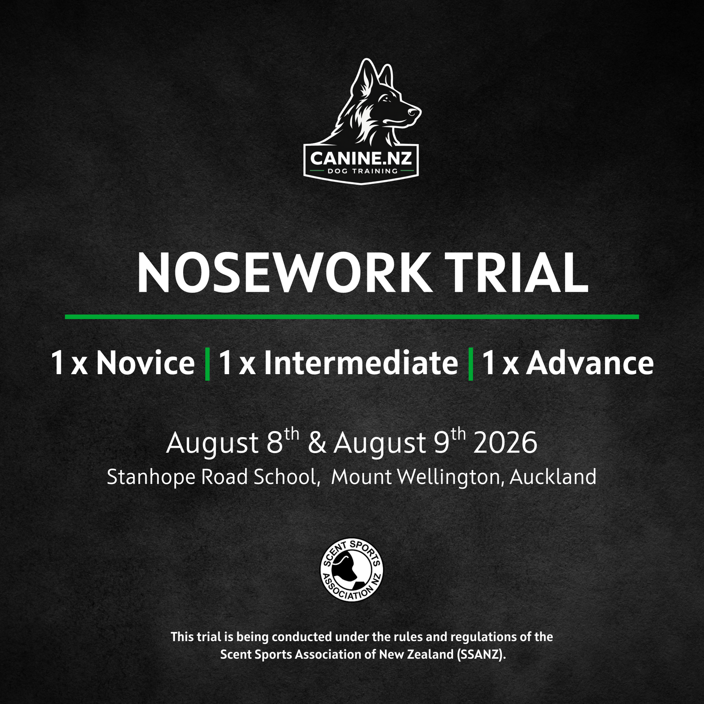 Nosework Trial | 1 x Novice, 1 x Intermediate & 1 x Advance – Stanhope Road School – August 8th - 9th 2026