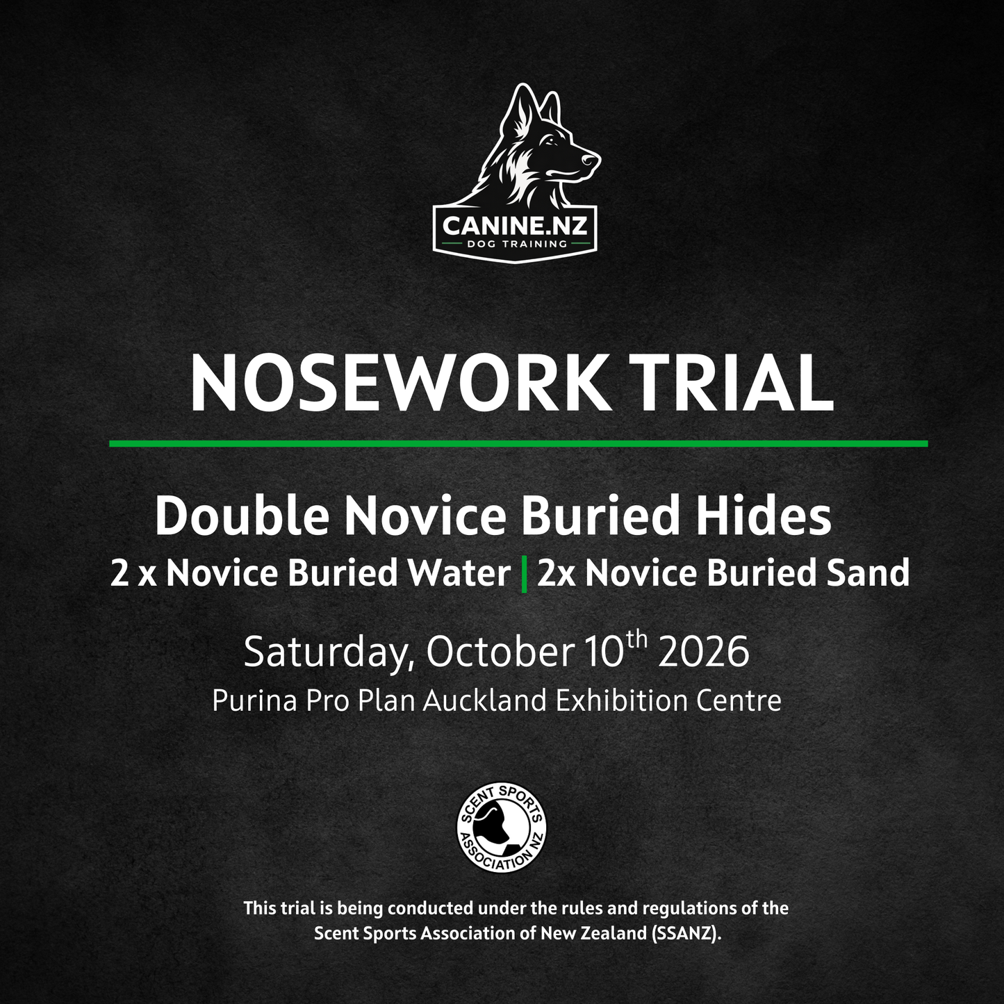 Nosework Trial | Double Novice BH Water and Sand – Purina Pro Plan Auckland Exhibition Centre – October 10th 2026