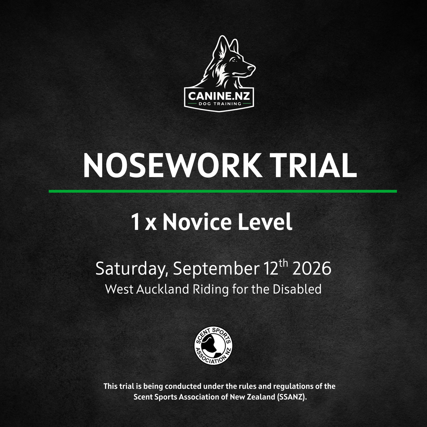 Promotional poster for a nosework trial event with event details and branding.