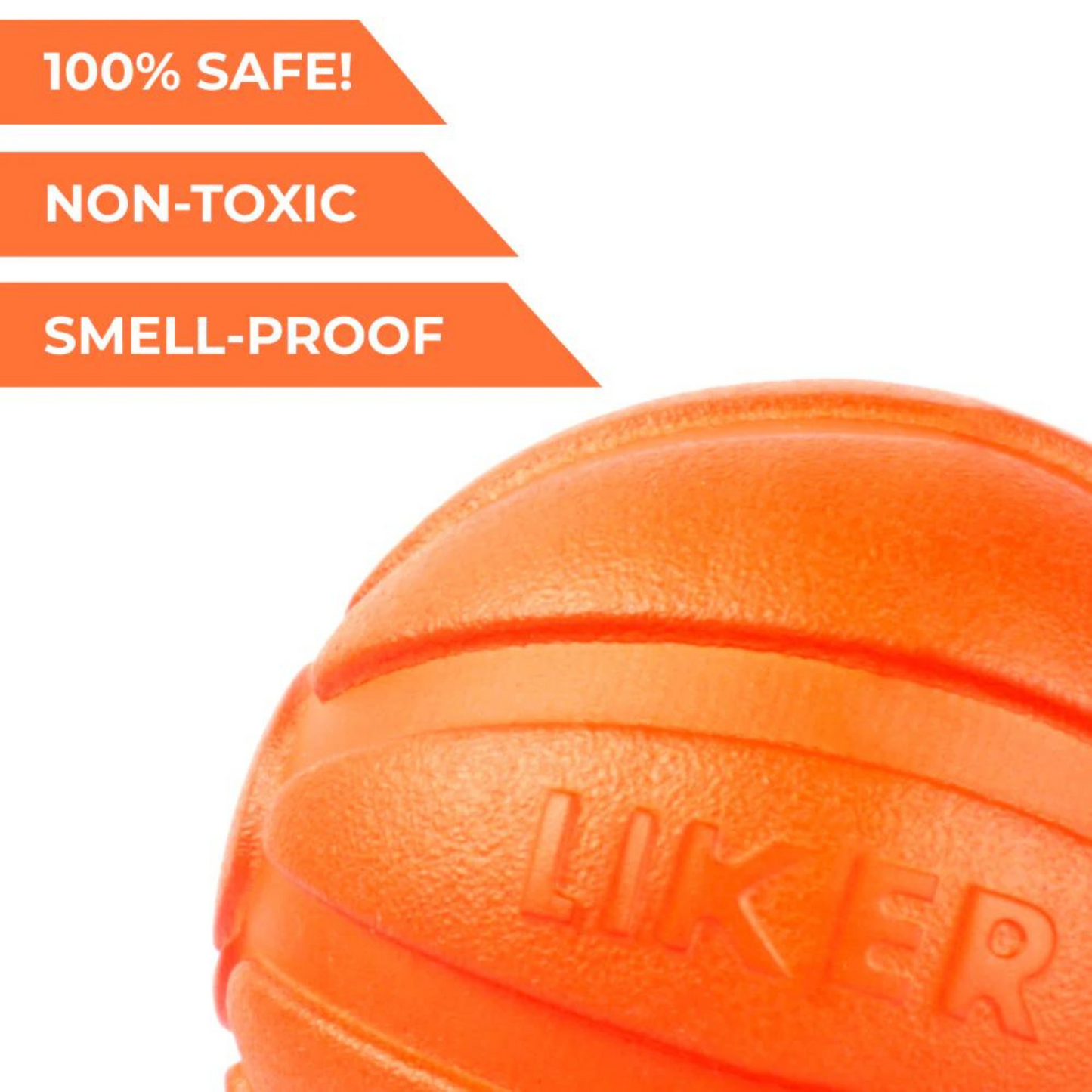 An orange LIKER Ball Dog Toy, designed for fetch and retrieval play used for marketing.