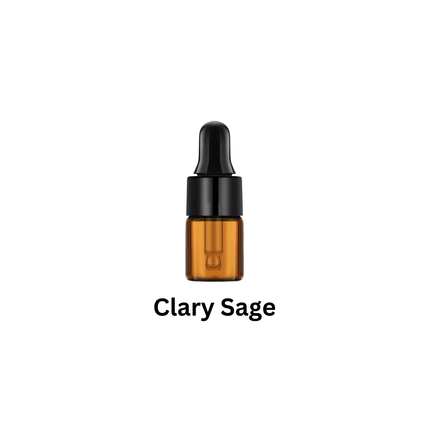 A 3ml amber colored essential oil dropper on a white background filled with clary sage oil.