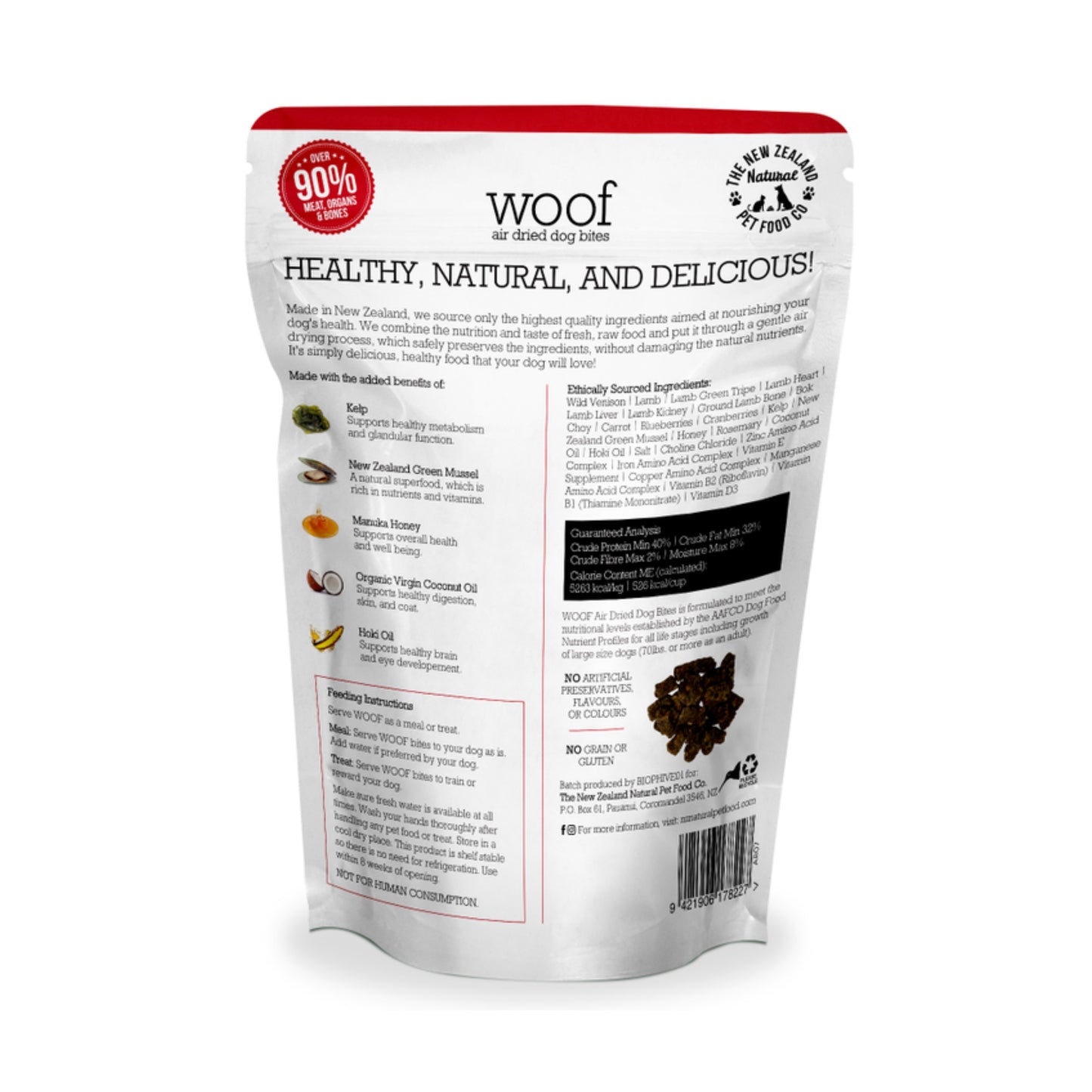 Red and white bag of WOOF dried venison dog food back ingredients 100g bag.