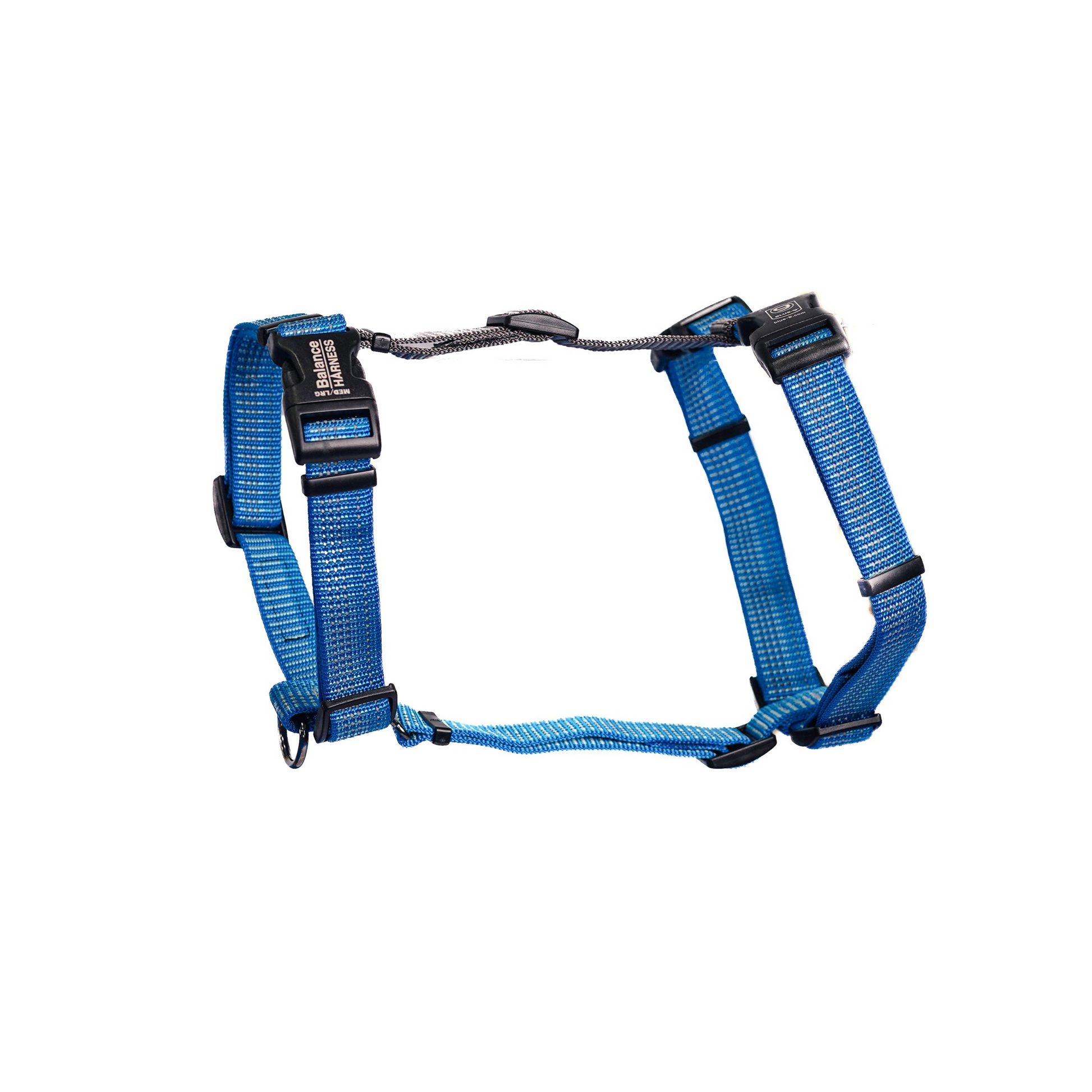 A blue dog harness with reflective stitching, featuring a six-point adjustable design.