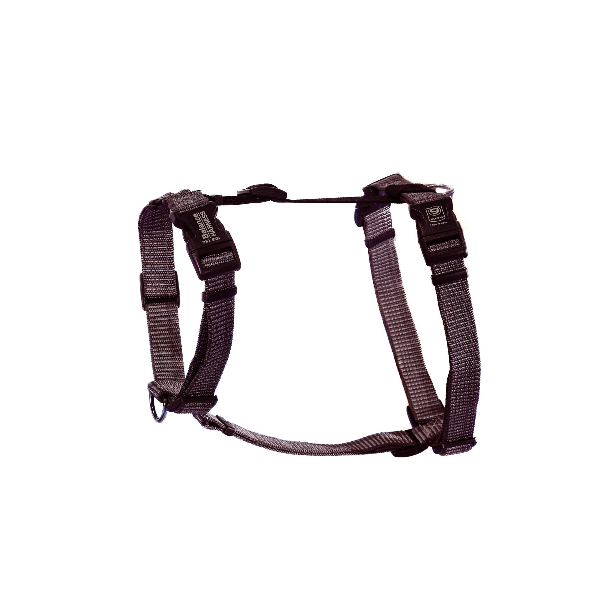 A grey dog harness with reflective stitching, featuring a six-point adjustable design.