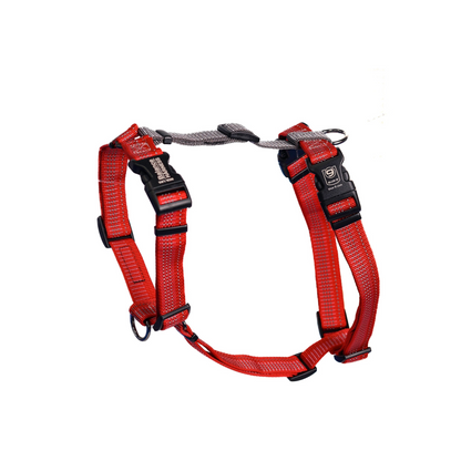 A red dog harness with reflective stitching, featuring a six-point adjustable design.