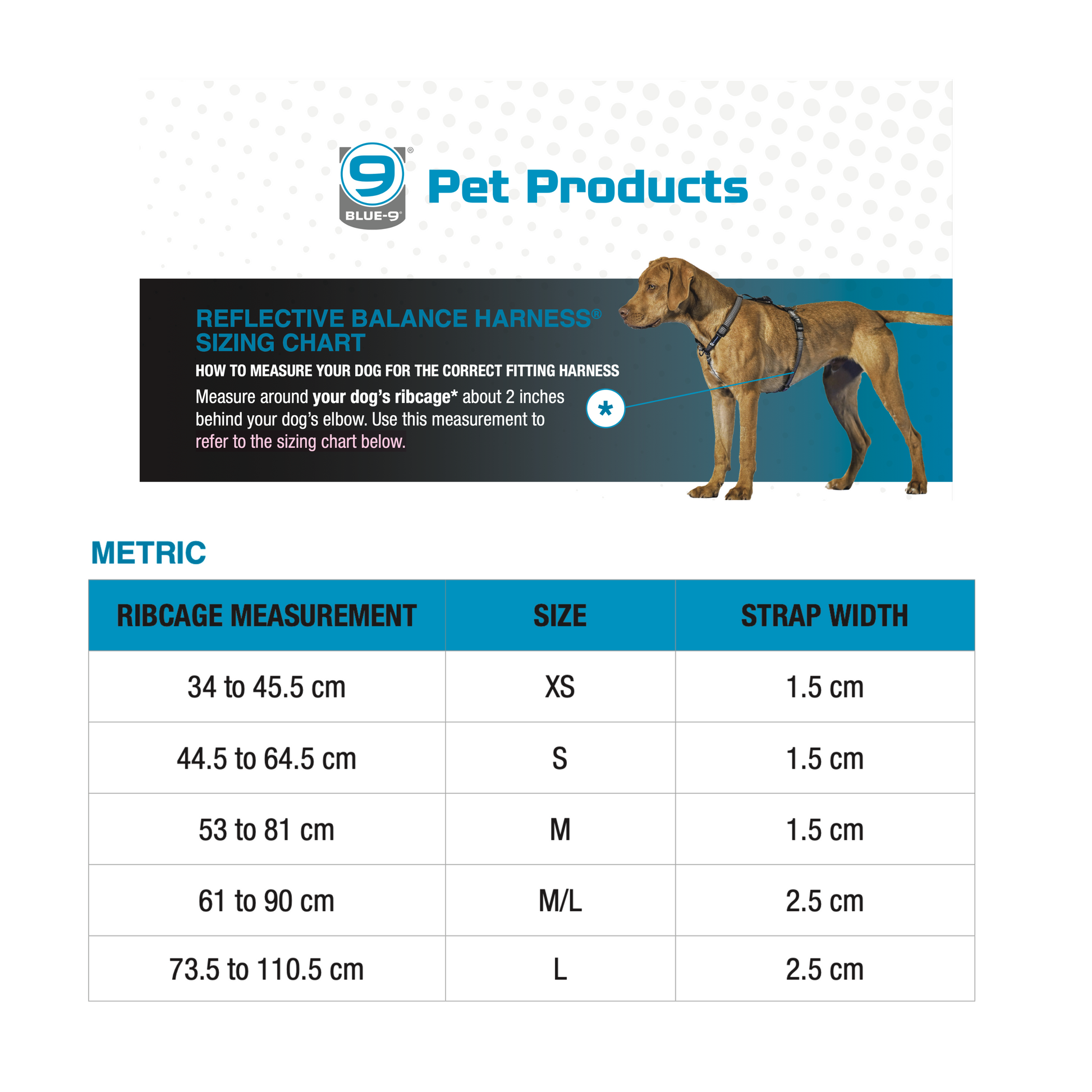 A size chart that shows a dog and where to measure on the dog to get correct sizing on the blue-9 harness.