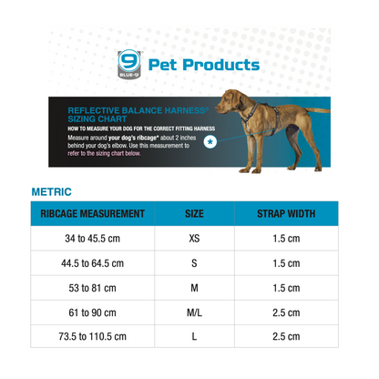 A size chart that shows a dog and where to measure on the dog to get correct sizing on the blue-9 harness.