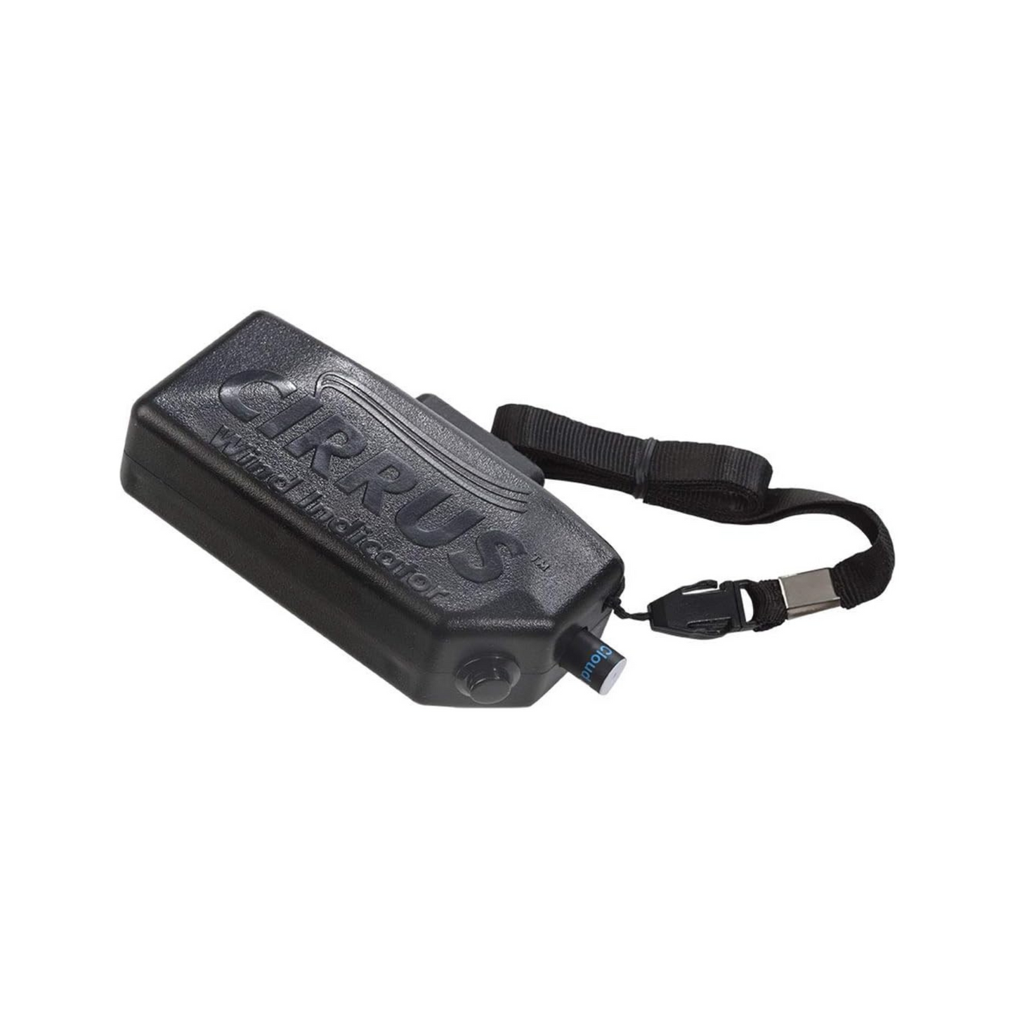 A black Cirrus wind indicator with a digital display and a strap attached to it.