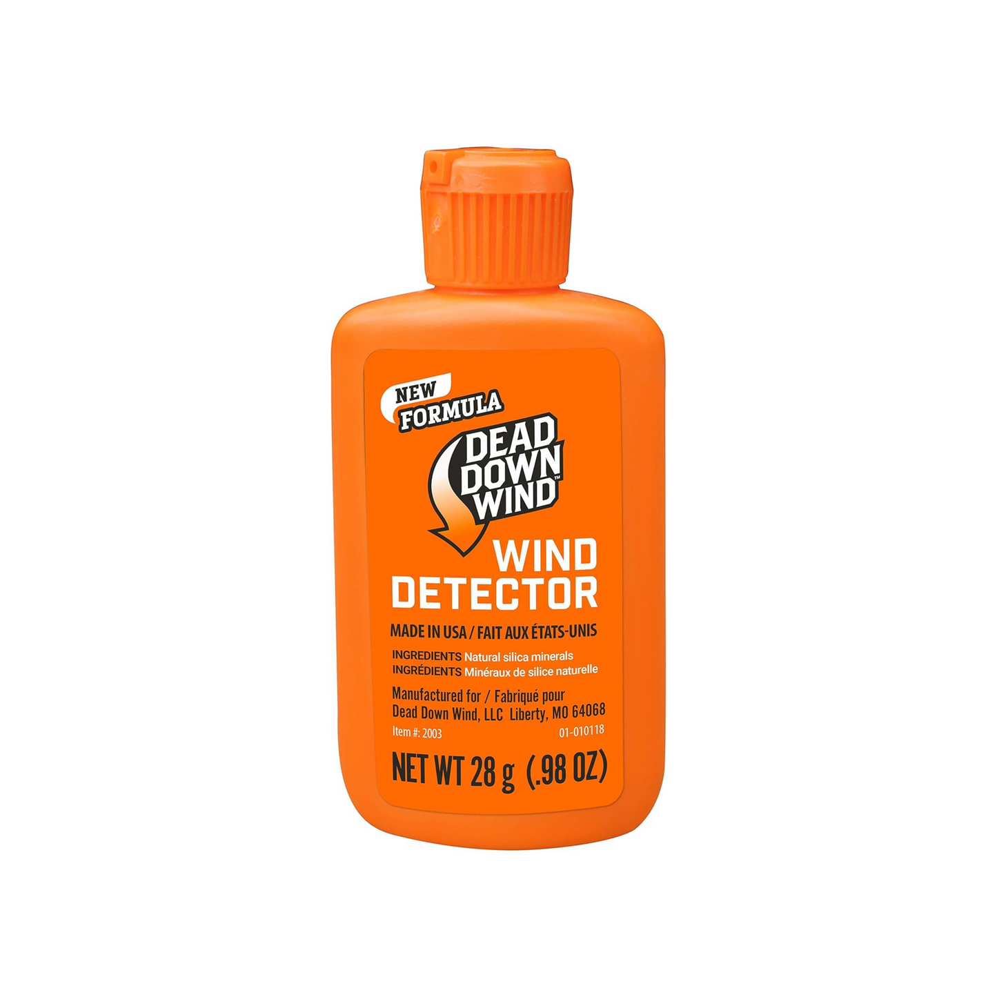 An orange squeeze bottle labeled 'Dead Down Wind Detector' with text and branding.