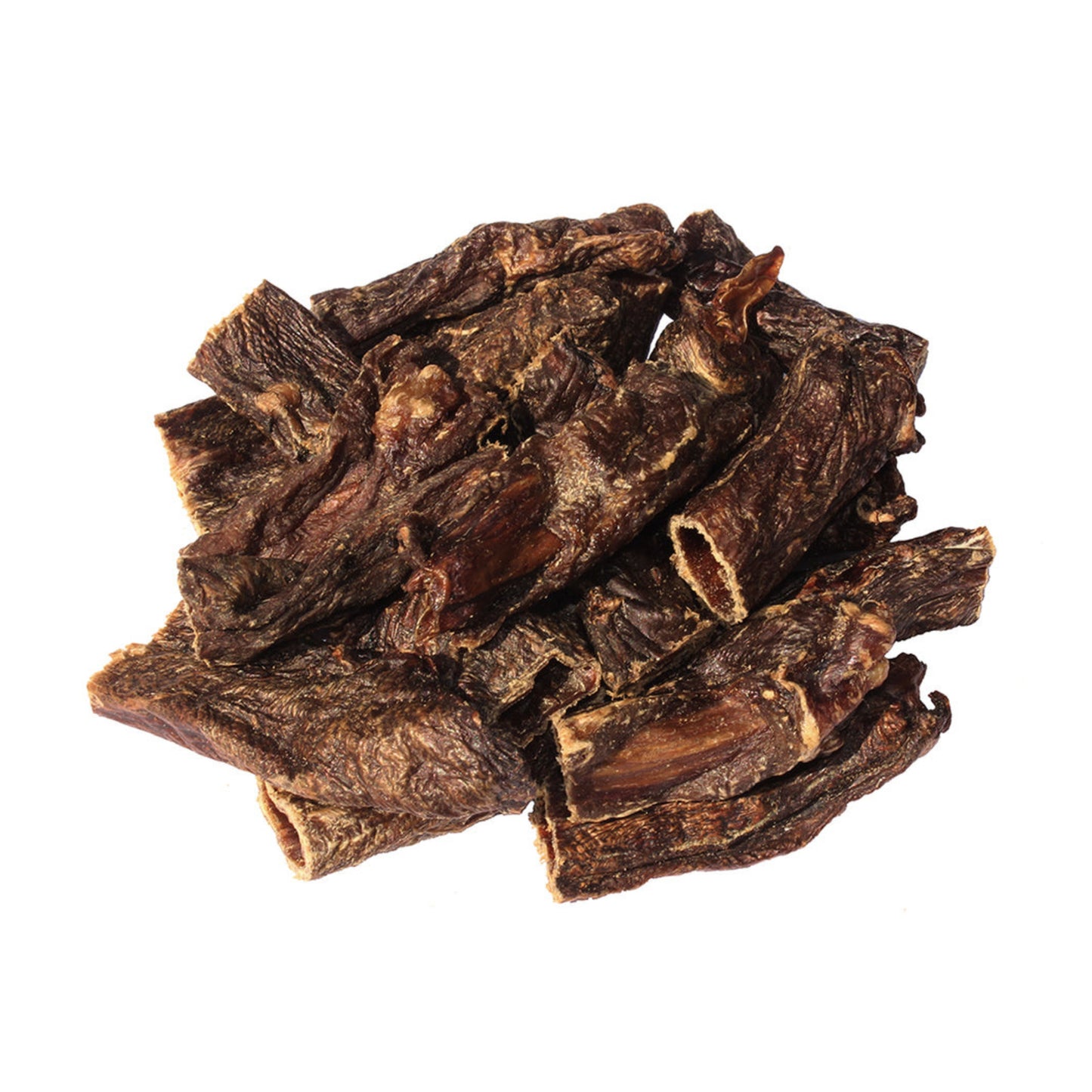 A pile of dehydrated beef bully sticks for dogs.