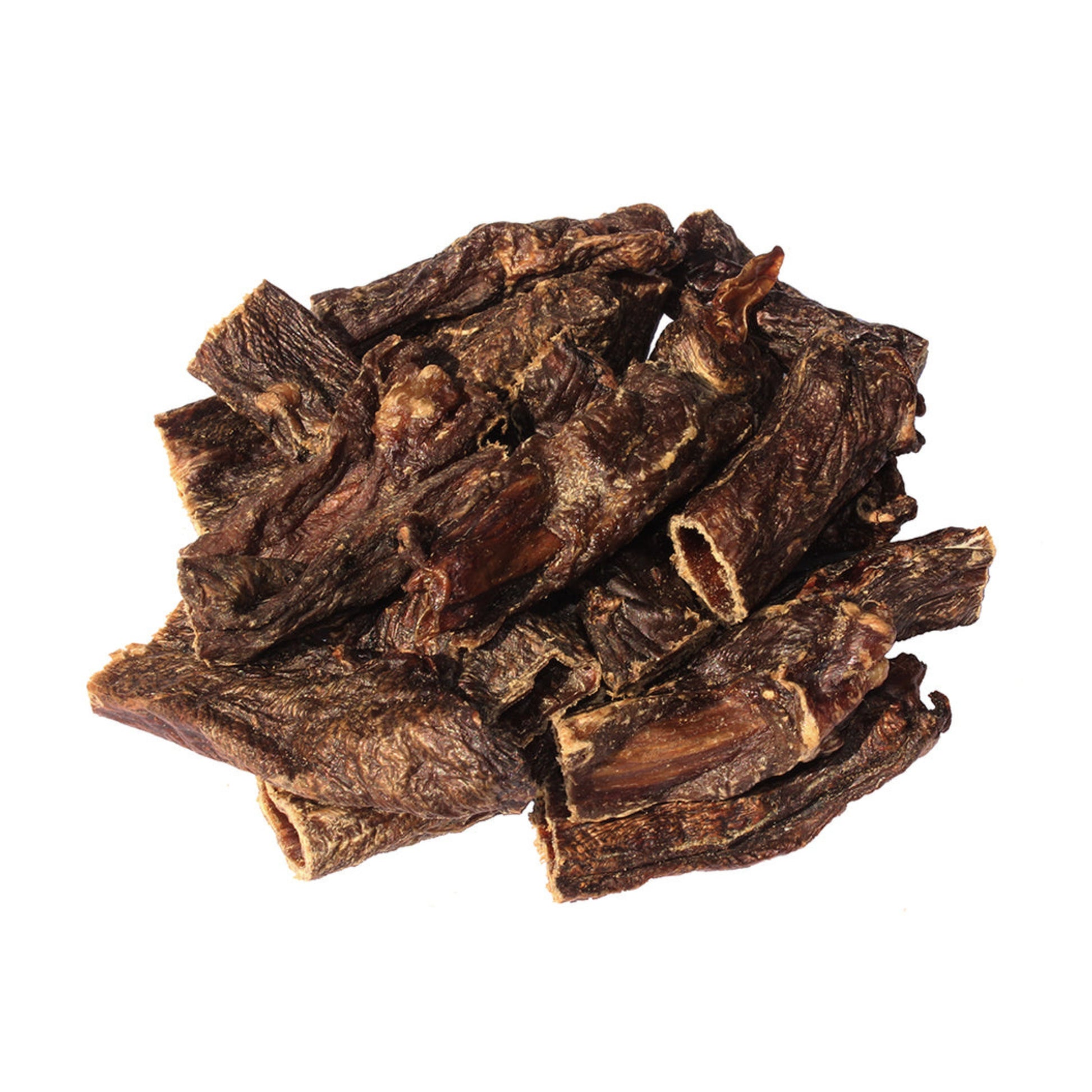 A pile of dehydrated beef bully sticks for dogs.