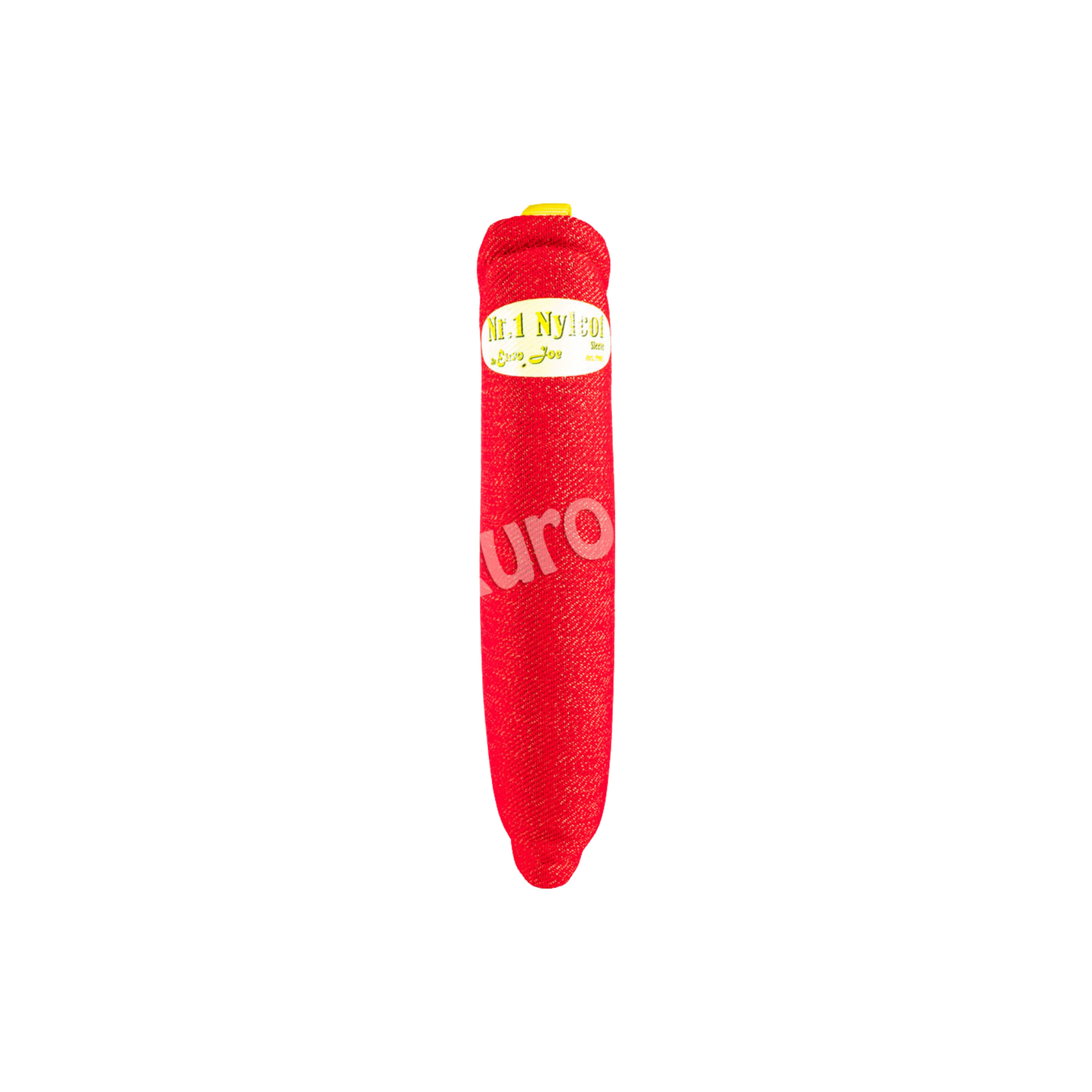 A red Euro Joe puppy arm sleeve with a yellow strap, designed for training young puppies.