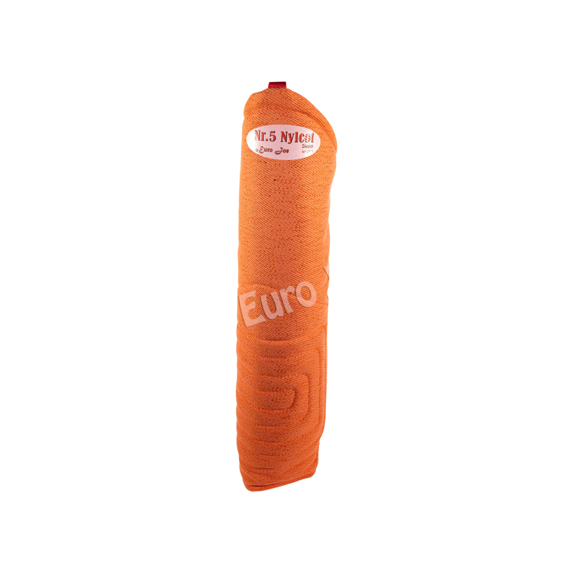 A orange Euro Joe arm sleeve designed for dog training, indicating durability and protection with text '5 Nylcot' displayed.
