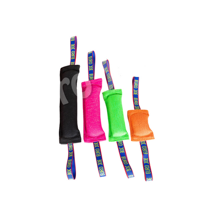 A collection of colorful dog tug toys made from French linen, with two handles each.