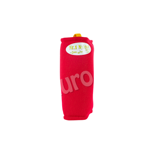 A red leg sleeve for a puppy with a velcro closure and visible brand logo.