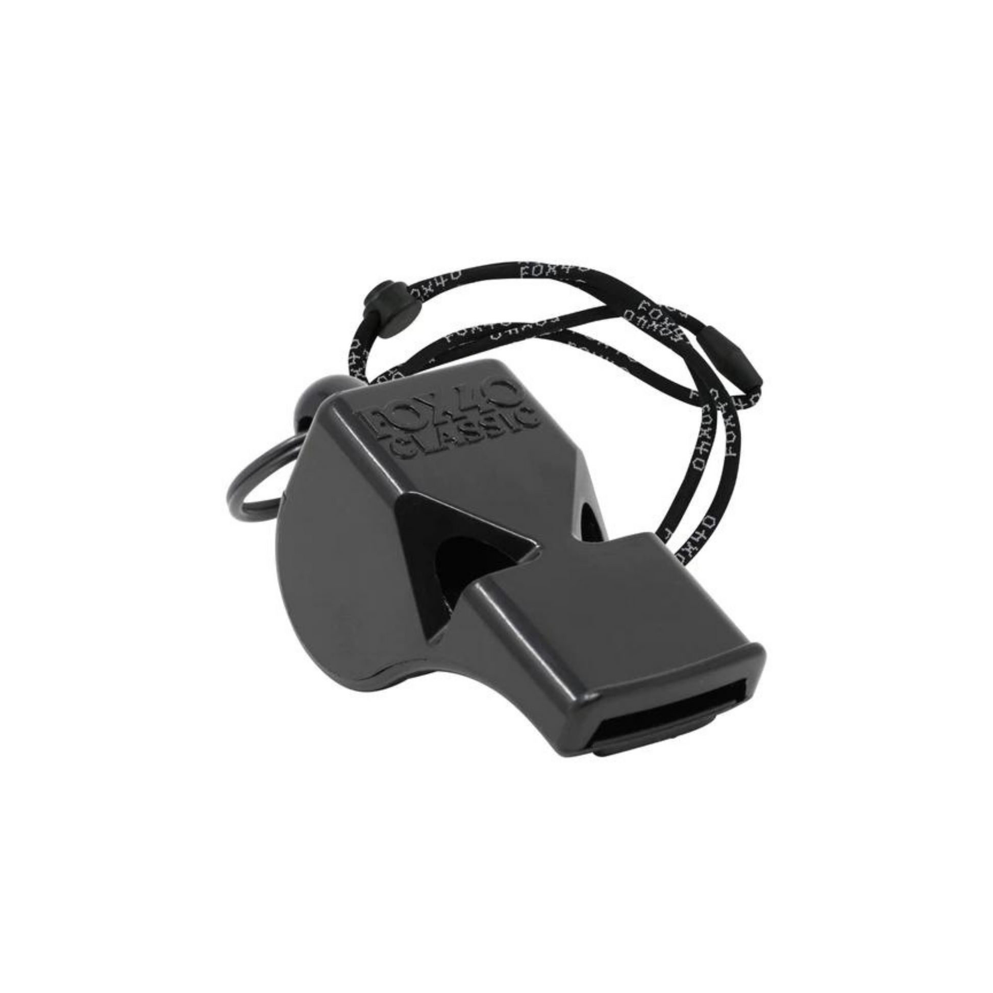A black FOX 40 classic pealess whistle with a lanyard.