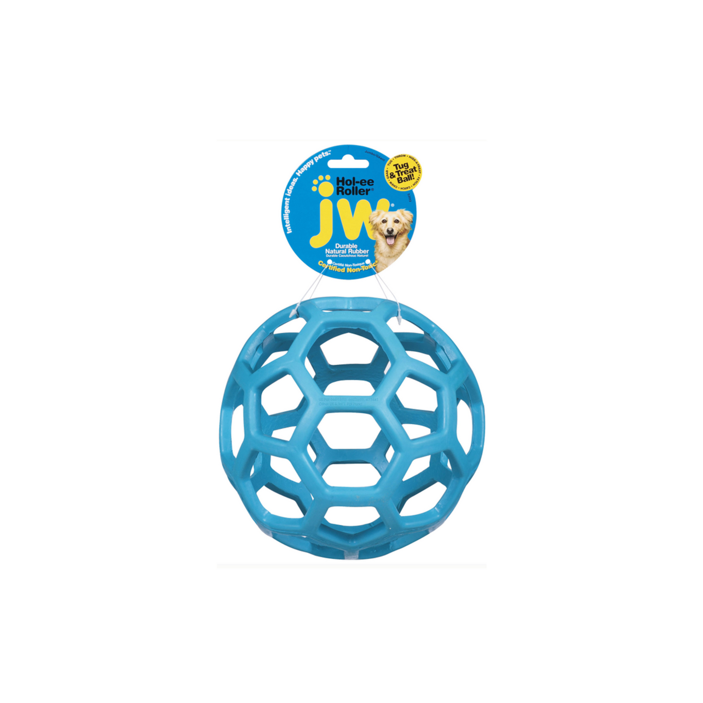 A blue ball toy with holes, hanging on a label tag with a dog.