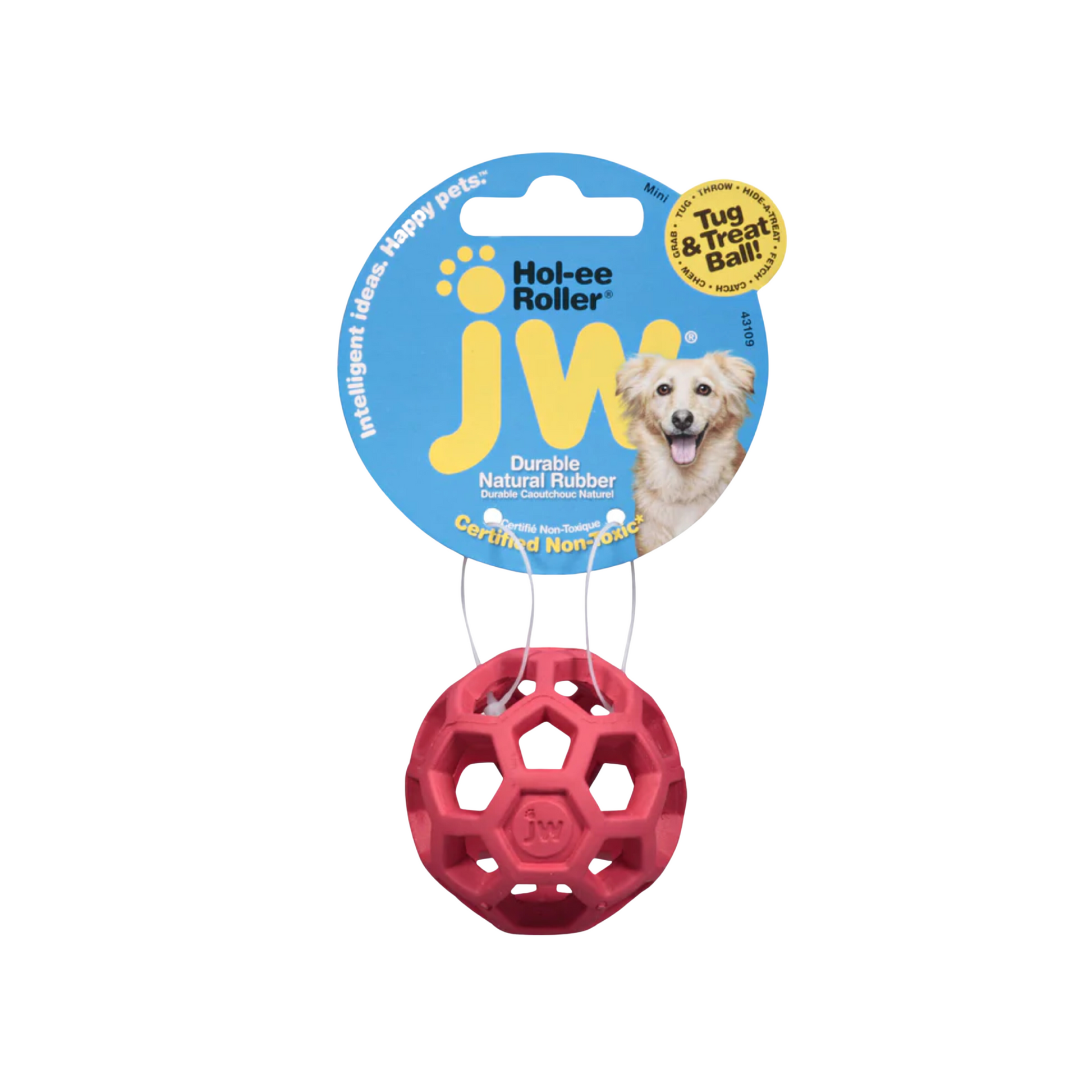 A pink dog ball toy with holes, hanging on a label tag with a dog.