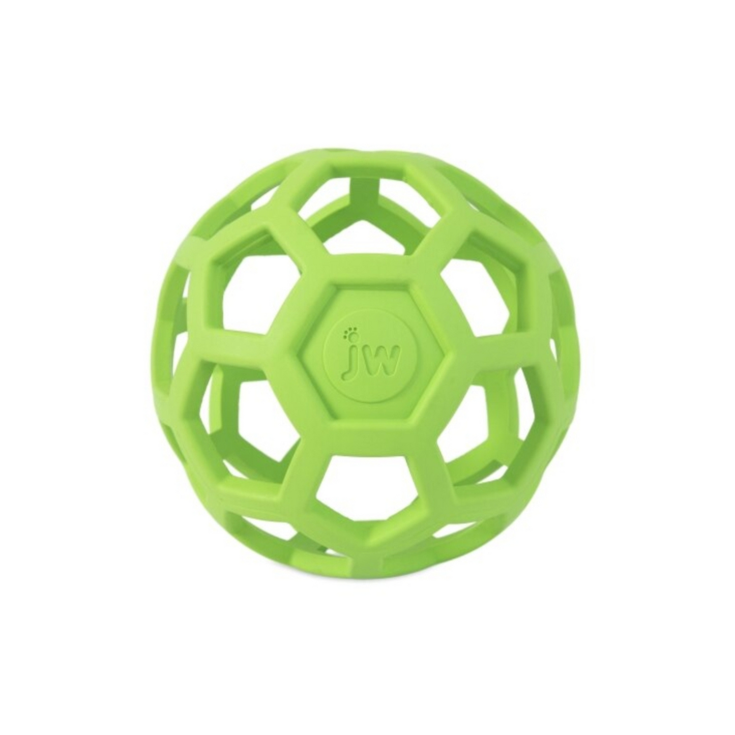 A bright green ball dog toy with holes. 