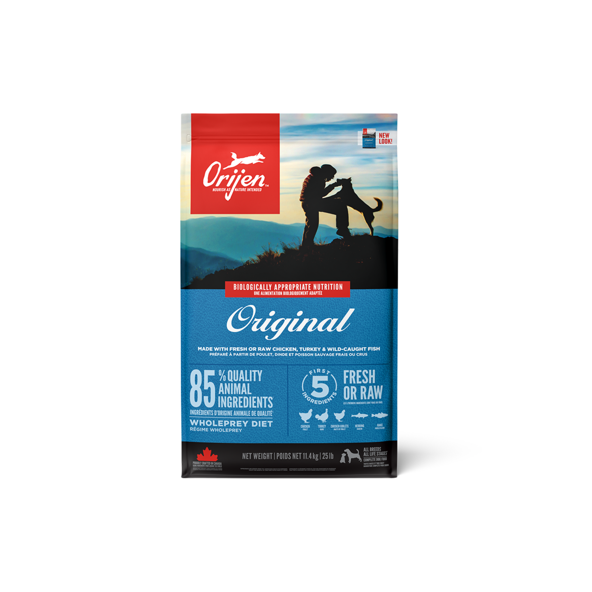 A package of ORIJEN Original Dog Food with a picture of a dog and a person on a mountainous landscape.