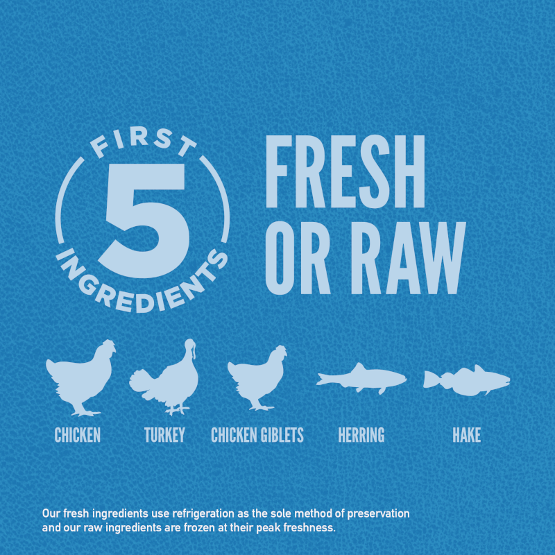 A photo with frist 5 ingredients in Orijen Original including icon images of chicken, turkey, chicken giblets, herring and hake.
