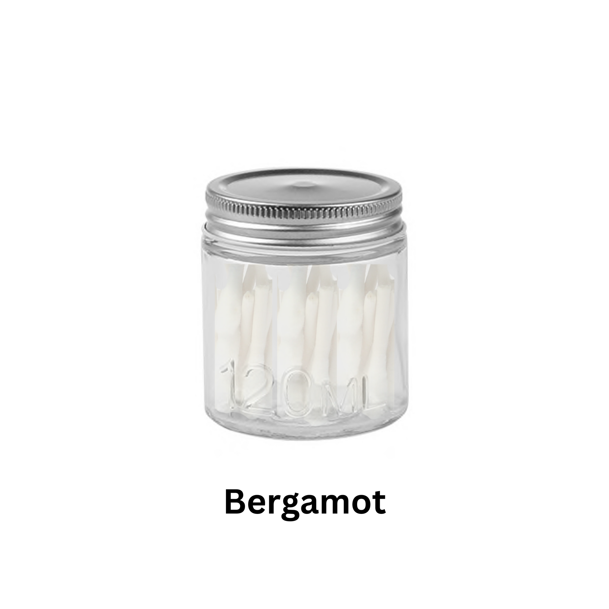 A clear glass jar with a metal lid, labeled '120ml', filled with white cotton swabs.