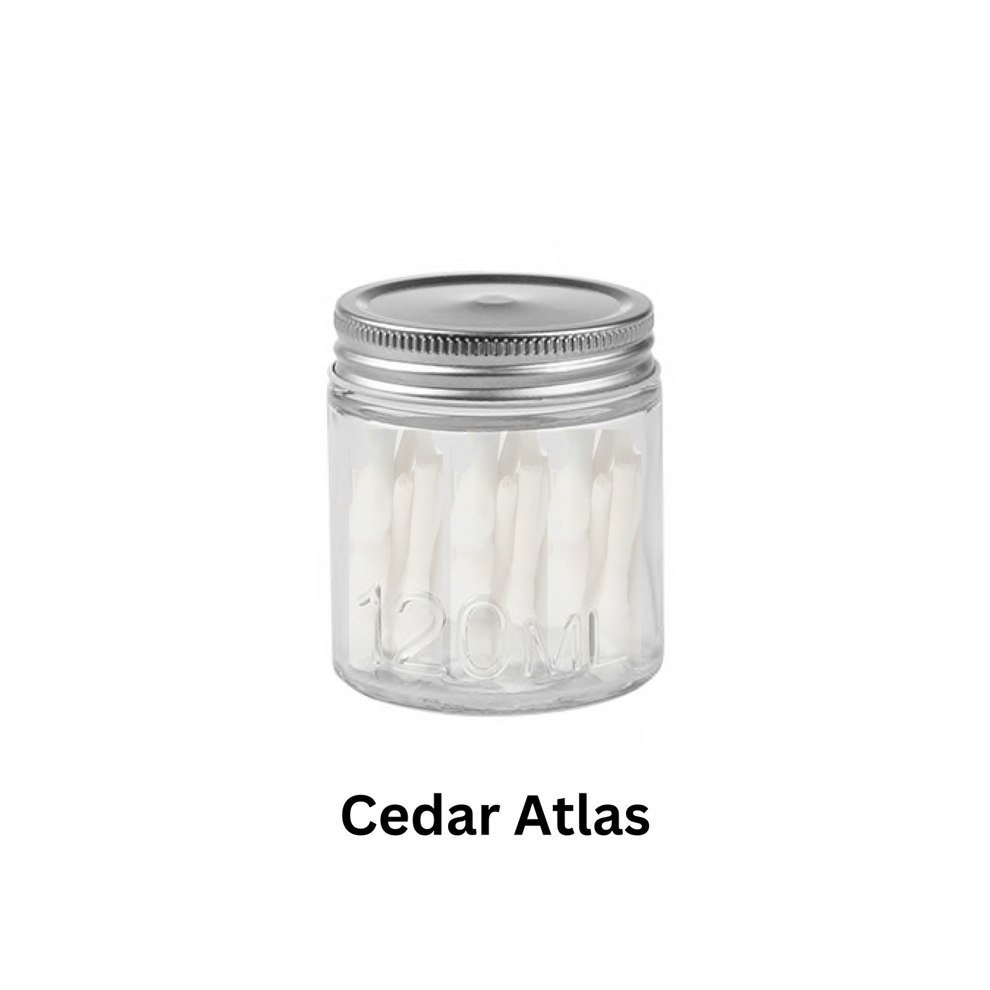 A clear glass jar with a metal lid, labeled '120ml', filled with white cotton swabs.