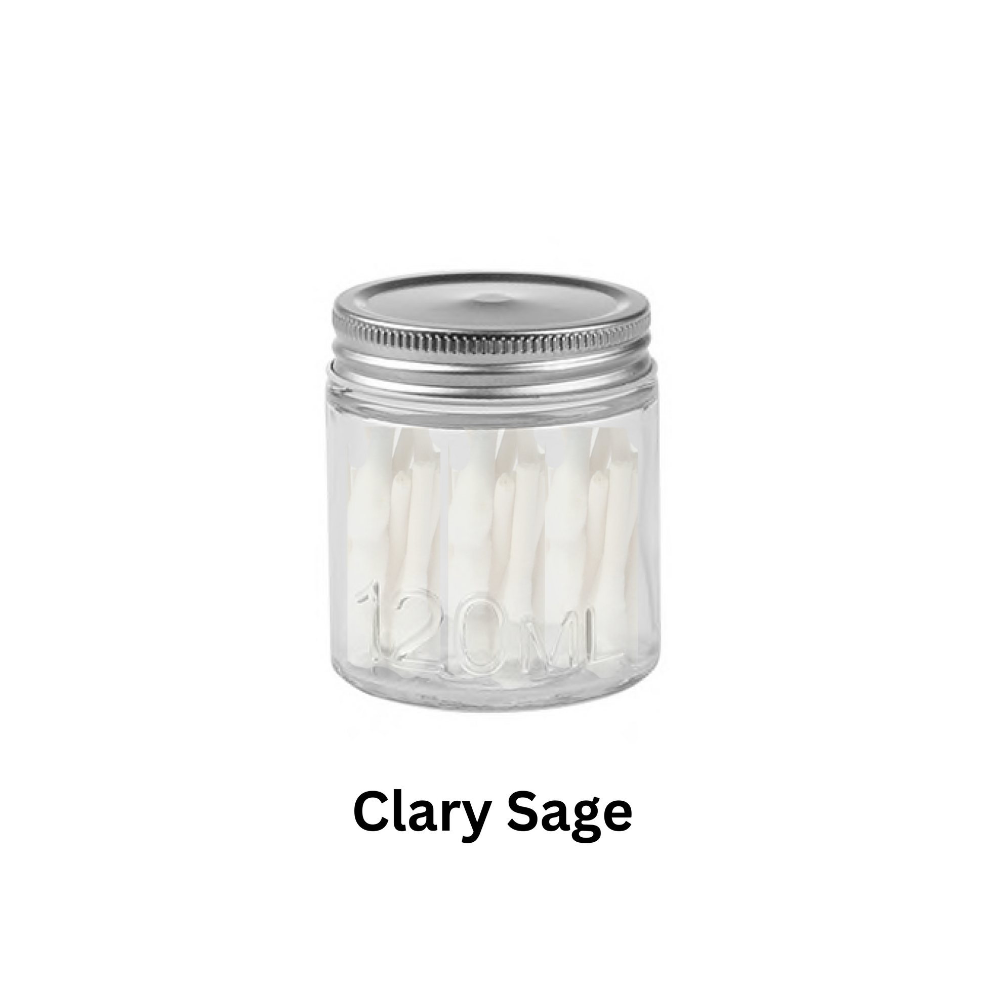 A clear glass jar with a metal lid, labeled '120ml', filled with white cotton swabs.