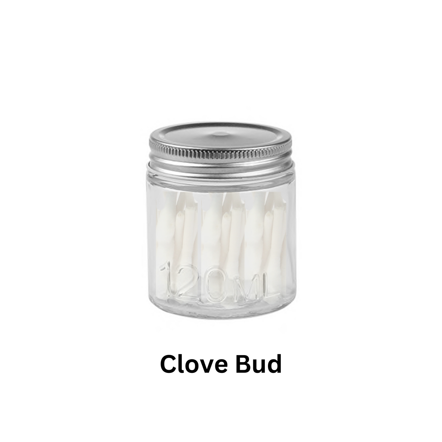 A clear glass jar with a metal lid, labeled '120ml', filled with white cotton swabs.
