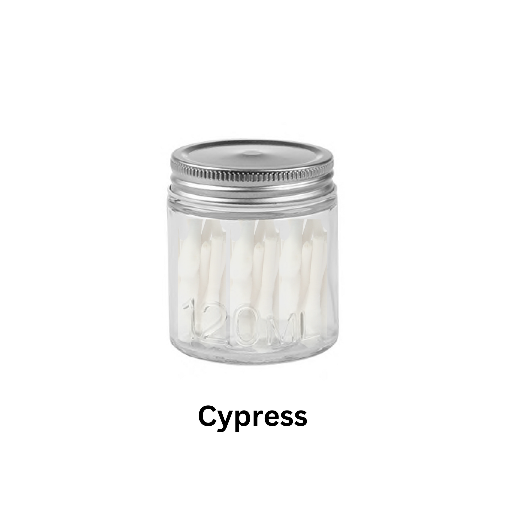 A clear glass jar with a metal lid, labeled '120ml', filled with white cotton swabs.