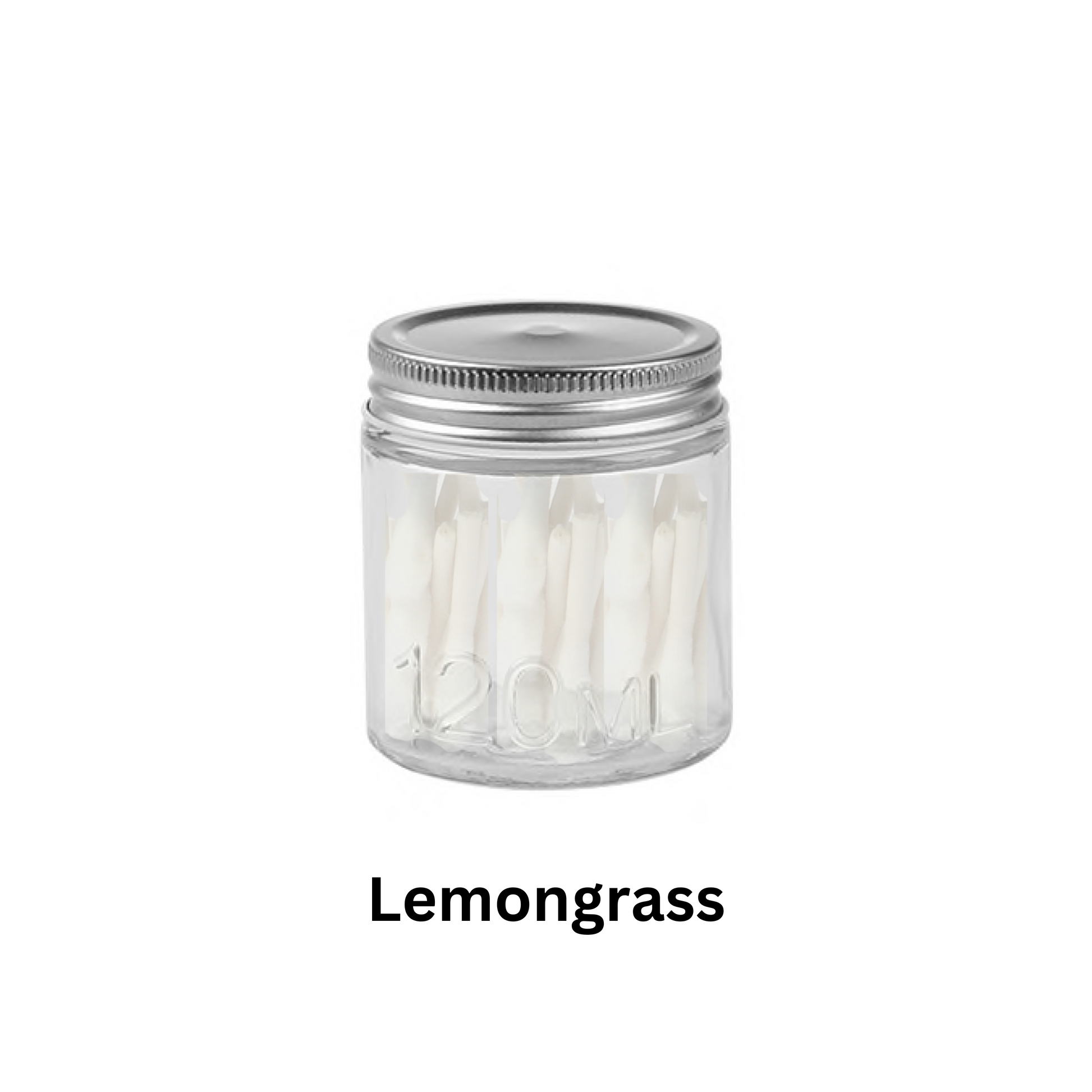A clear glass jar with a metal lid, labeled '120ml', filled with white cotton swabs.