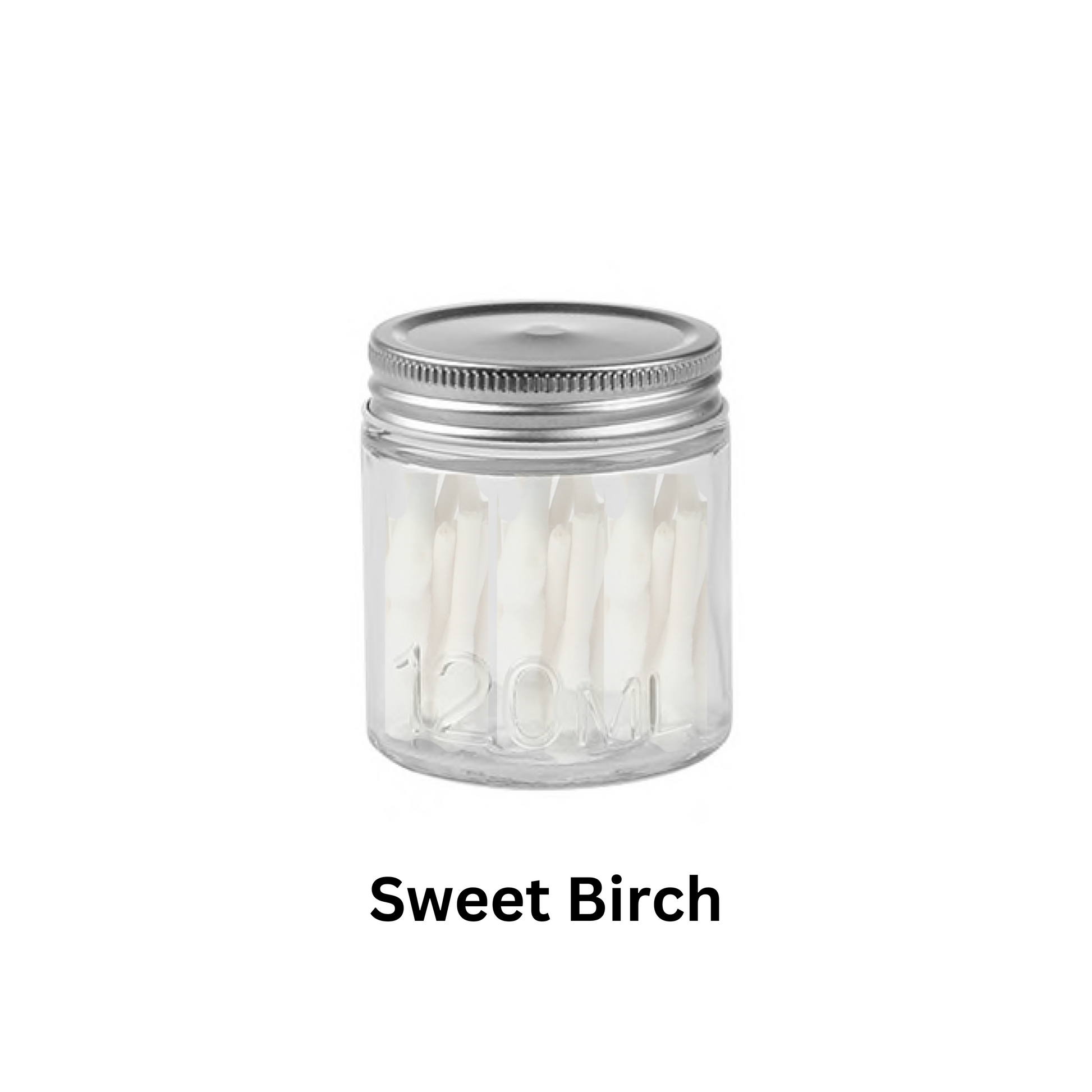 A clear glass jar with a metal lid, labeled '120ml', filled with white cotton swabs.