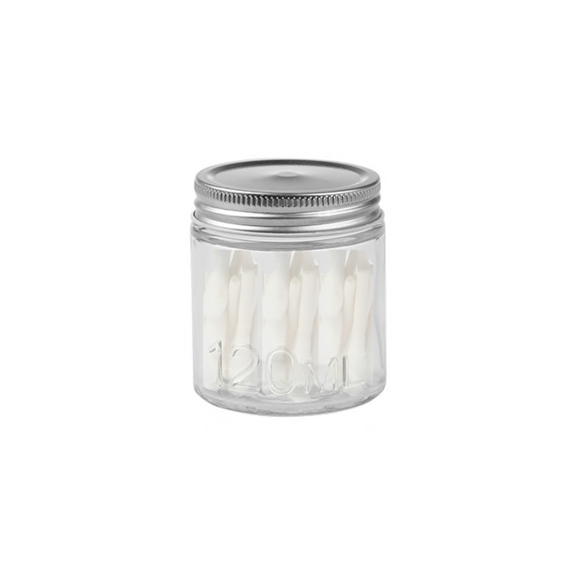 A clear glass jar with a metal lid, labeled '120ml', filled with white cotton swabs.