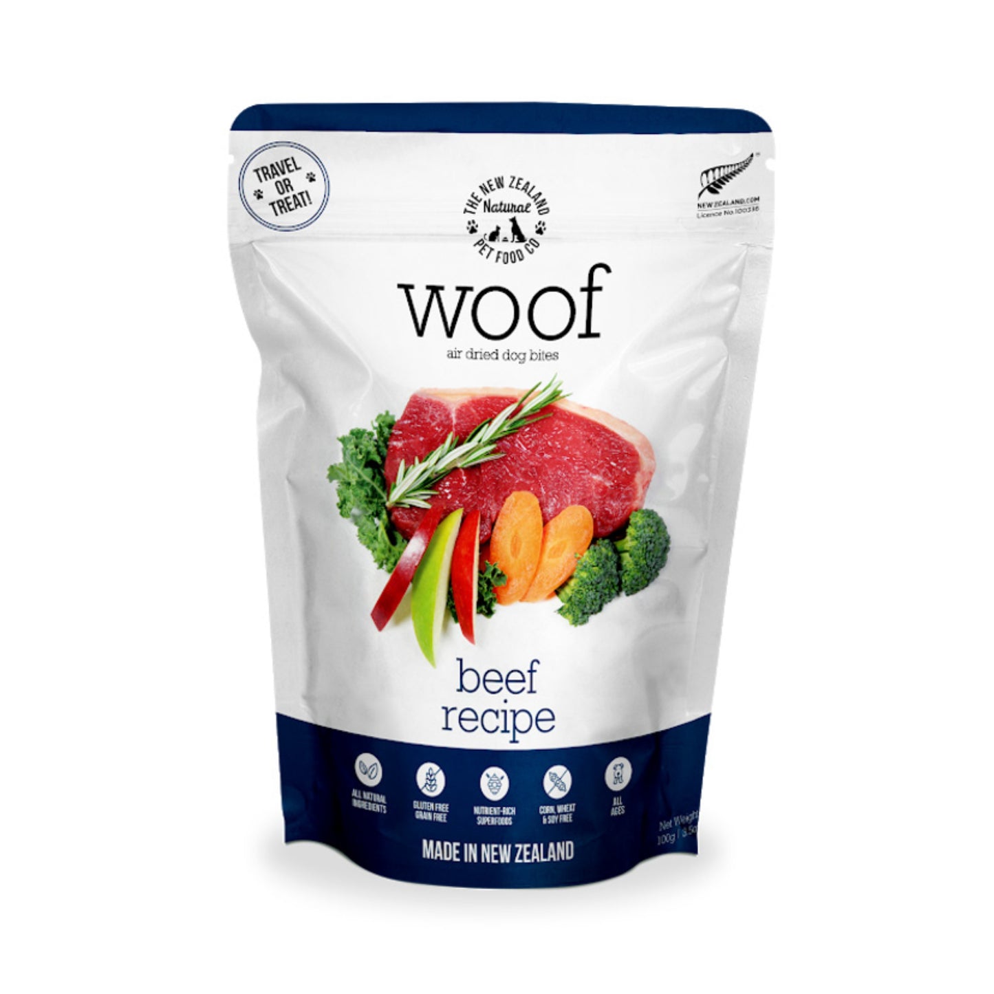 Blue and white bag of WOOF air dried beef dog food 100g bag.