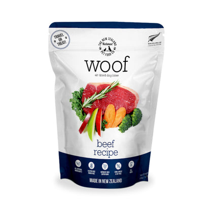 Blue and white bag of WOOF air dried beef dog food 100g bag.
