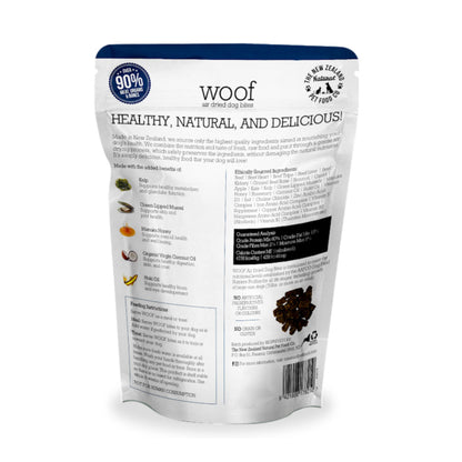 Blue and white bag of WOOF air dried beef dog food back ingredients 100g bag.