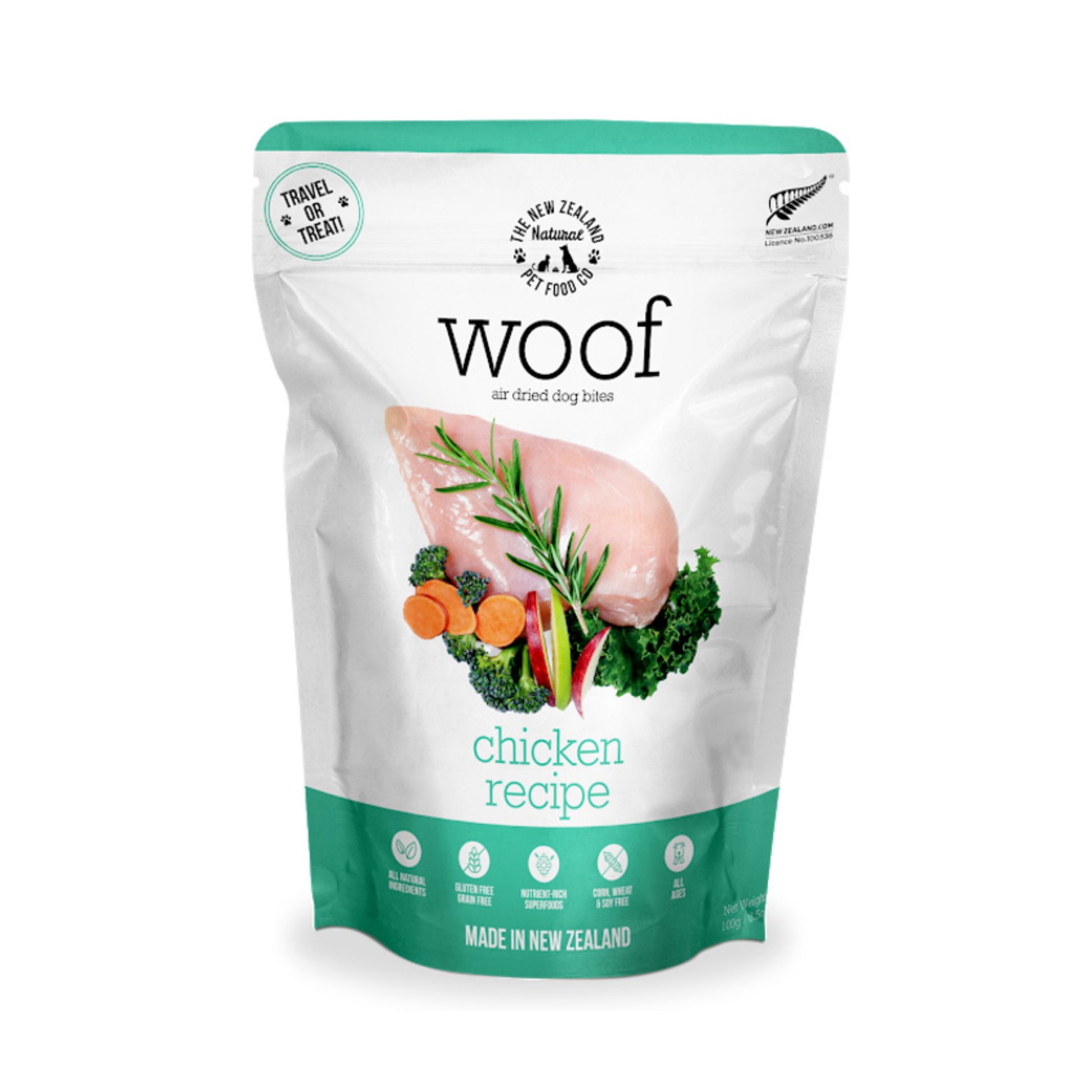 Green and white bag of WOOF air dried chicken dog food 100g bag.