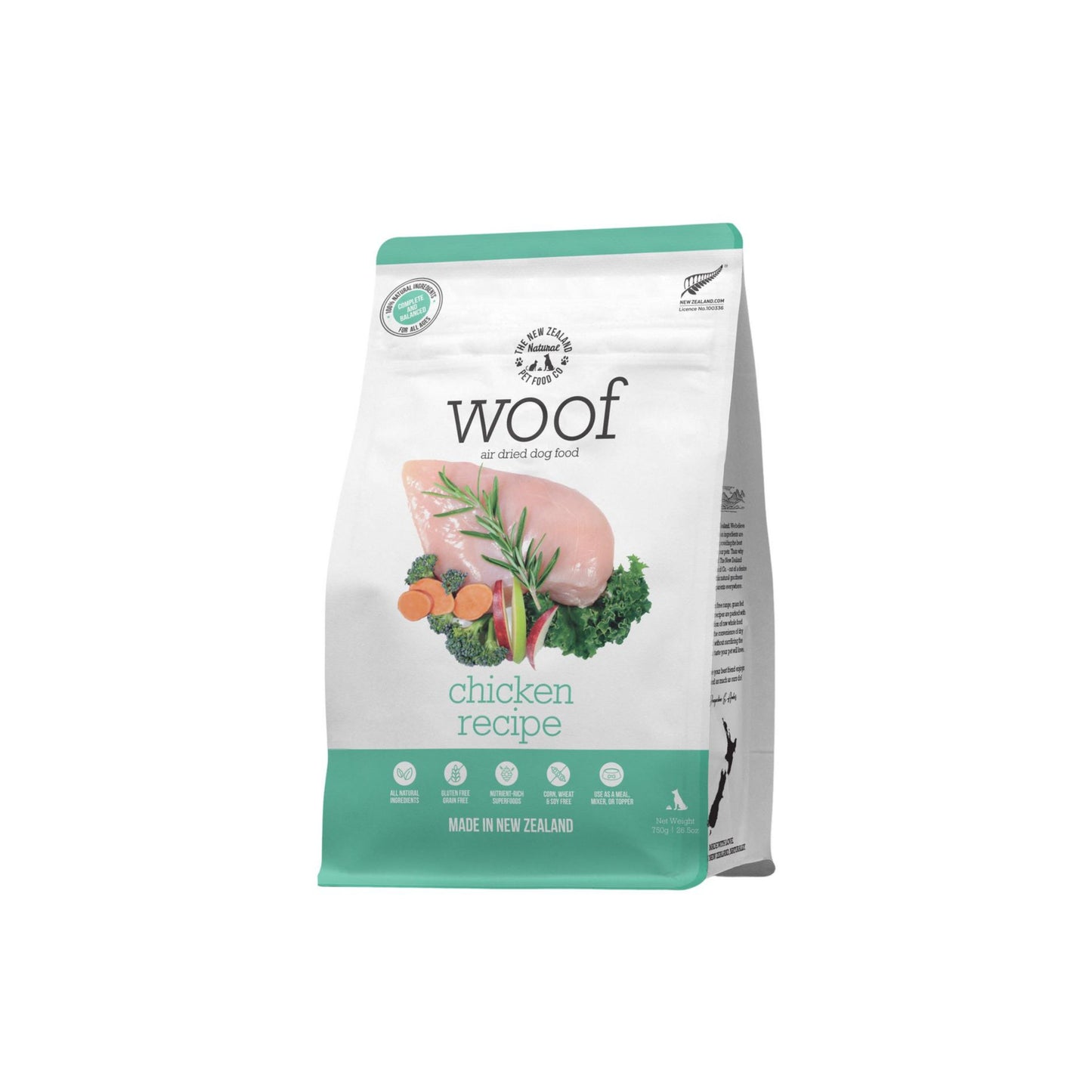 Green and white bag of WOOF air dried chicken dog food 750g bag.