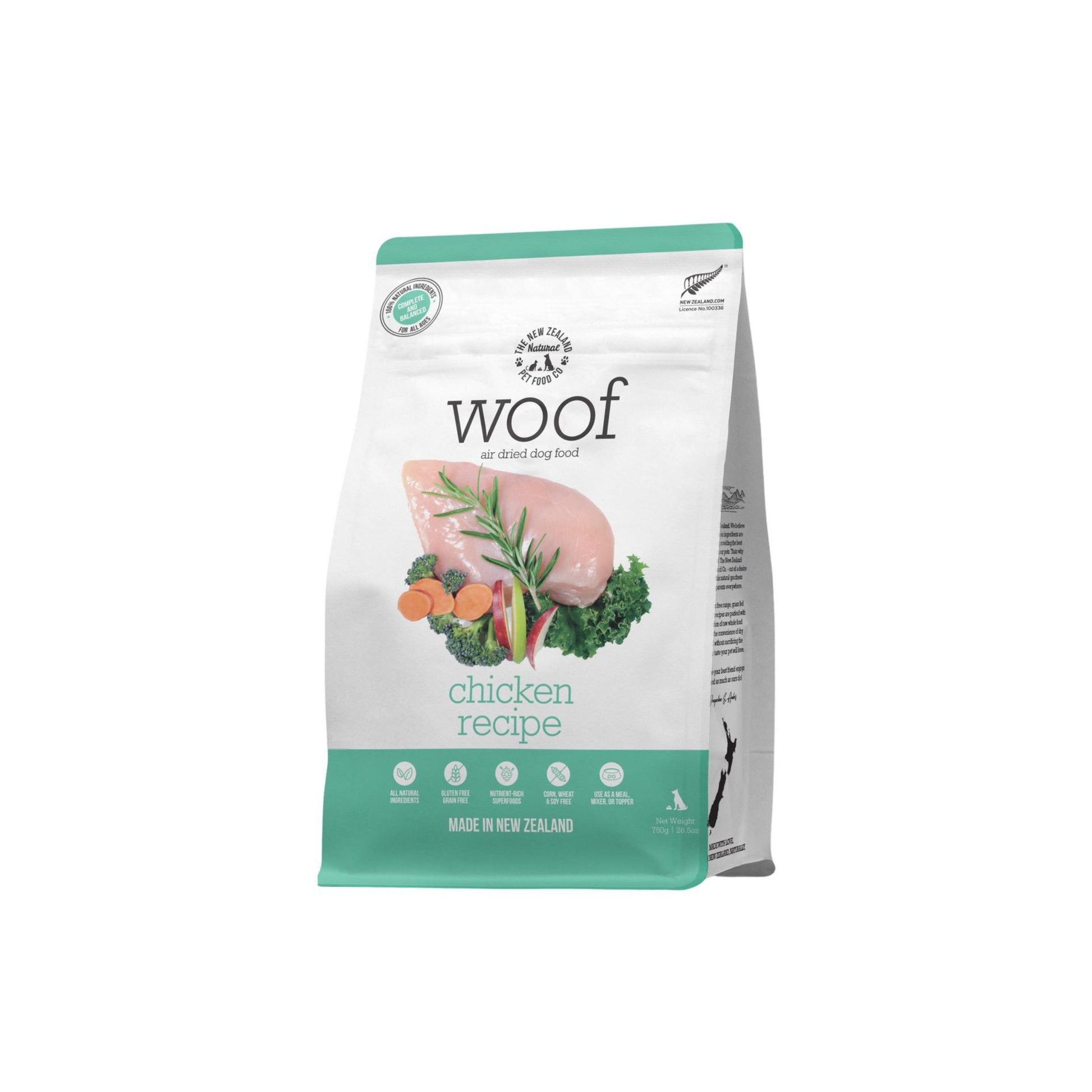 Green and white bag of WOOF air dried chicken dog food 750g bag.