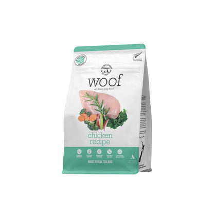 Green and white bag of WOOF air dried chicken dog food 750g bag.