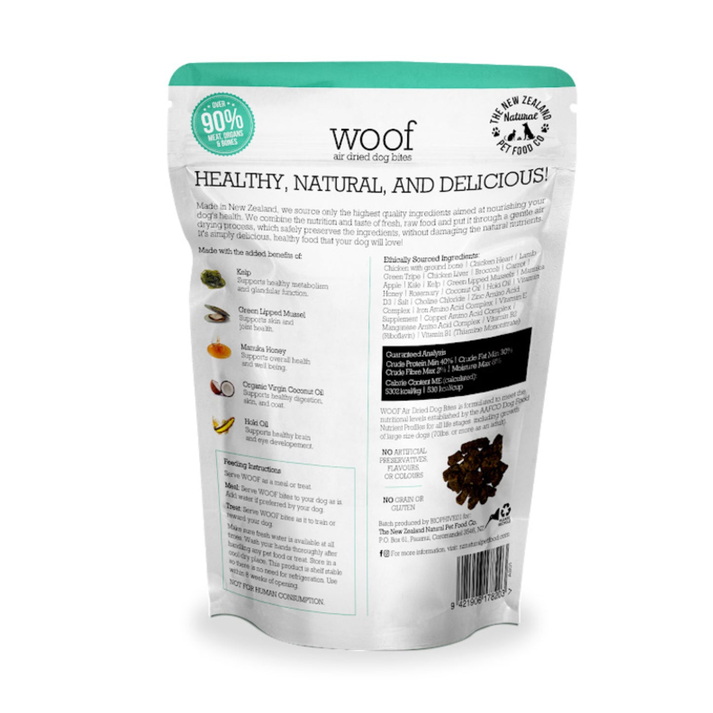 Green and white bag of WOOF air dried chicken dog food back ingredients 750g bag.