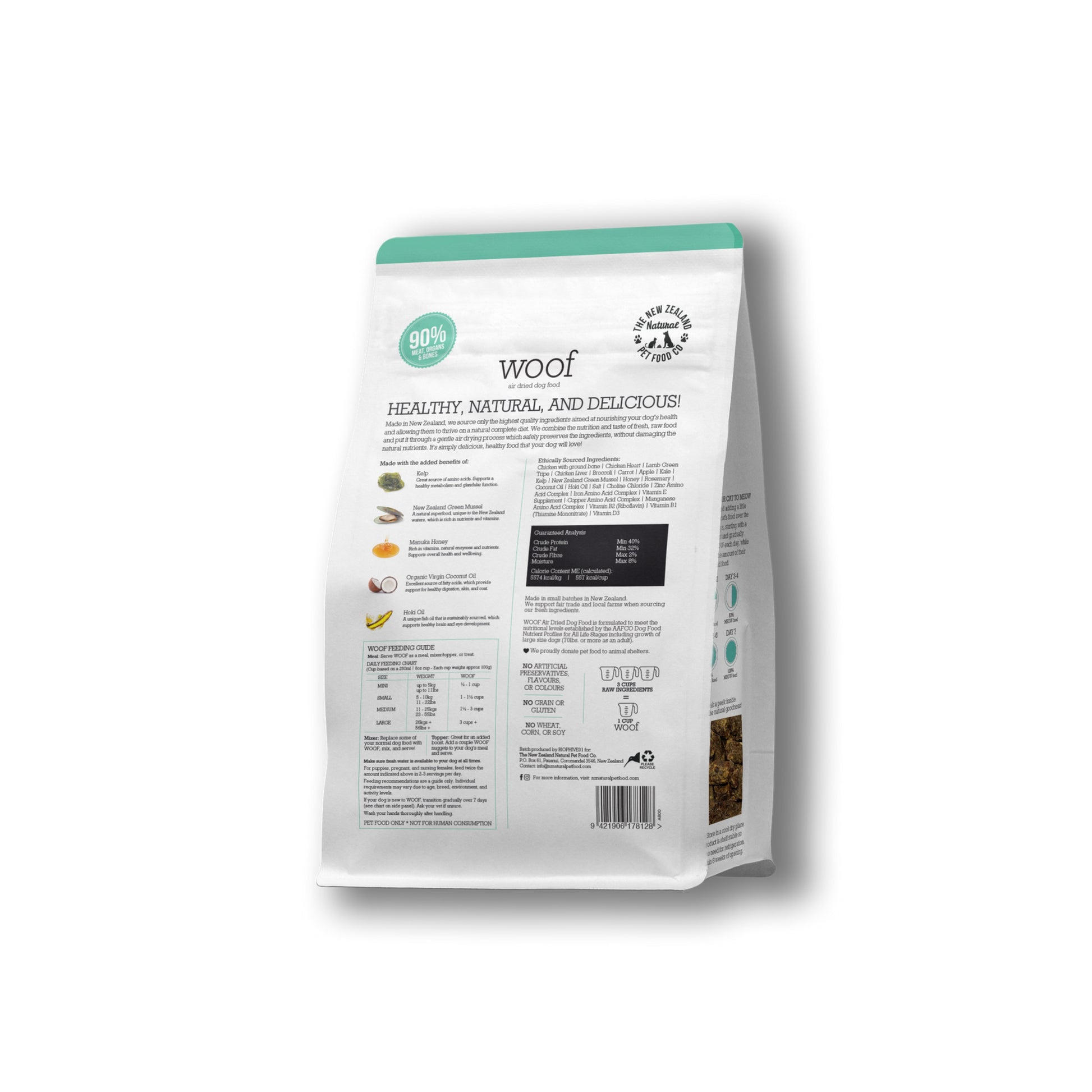 Green and white bag of WOOF air dried chicken dog food back ingredients 750g bag.