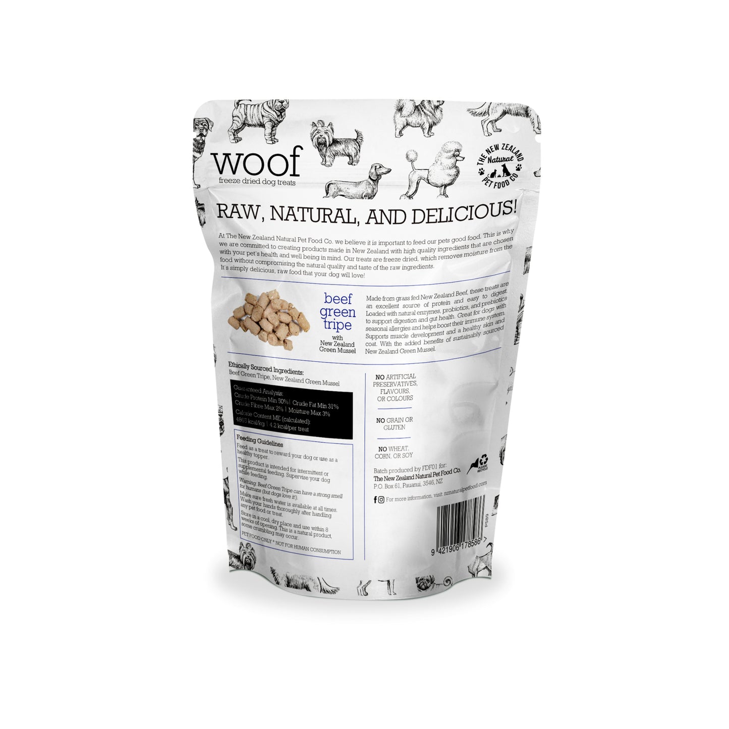 The back of a white bag with different dog breeds on it with ingredients list.