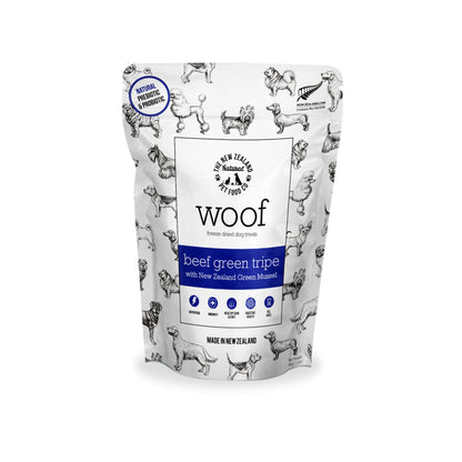 A white bag with different dog breeds on it with a blue label.