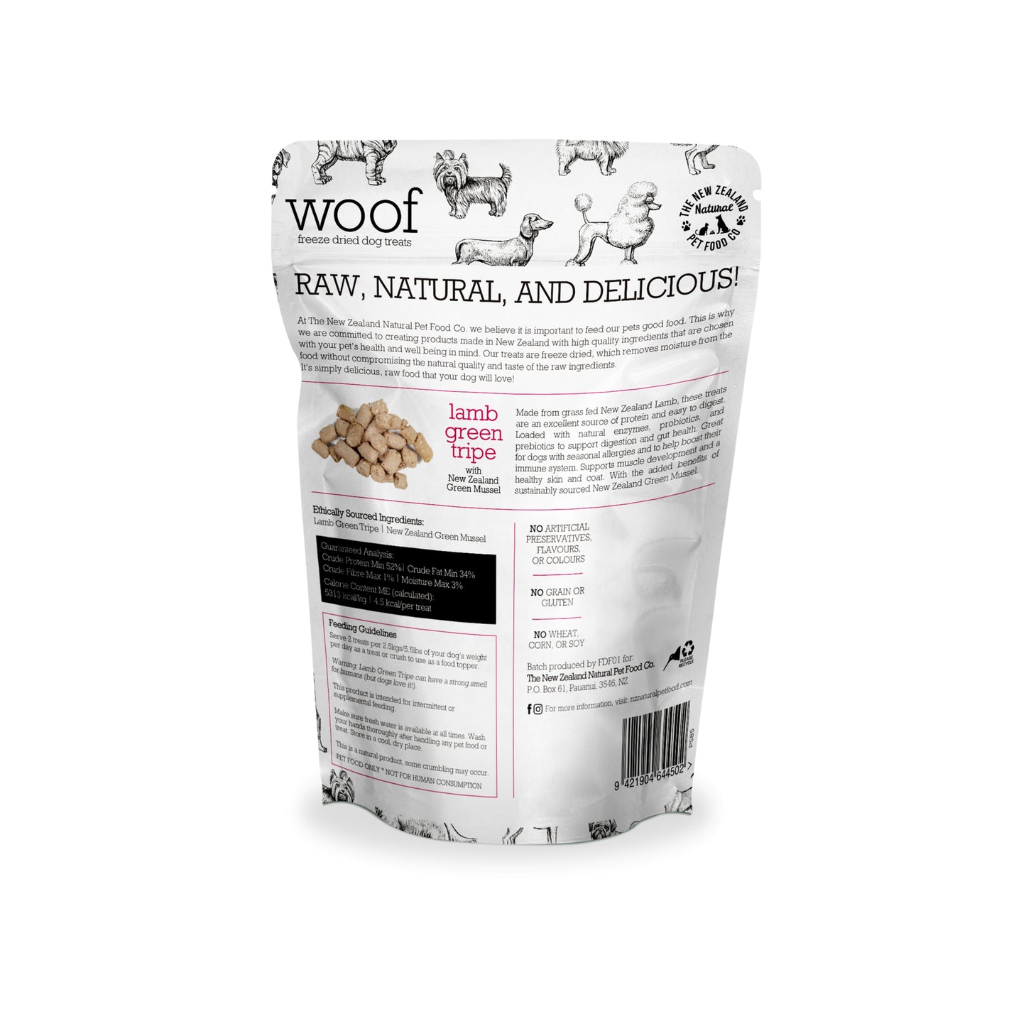 The back package of WOOF Lamb Green Tripe Dog Treats featuring a white background with product name and an illustration of dogs. The package is marked as 100% New Zealand.