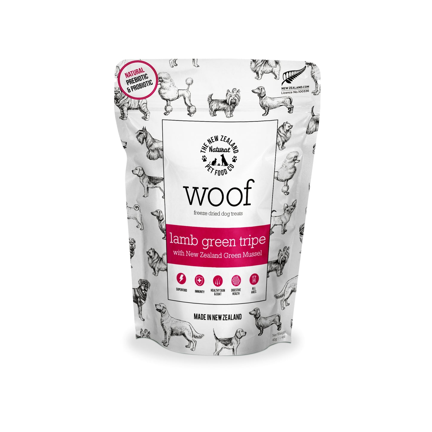 A package of WOOF Lamb Green Tripe Dog Treats featuring a white background with product name and an illustration of dogs. The package is marked as 100% New Zealand.