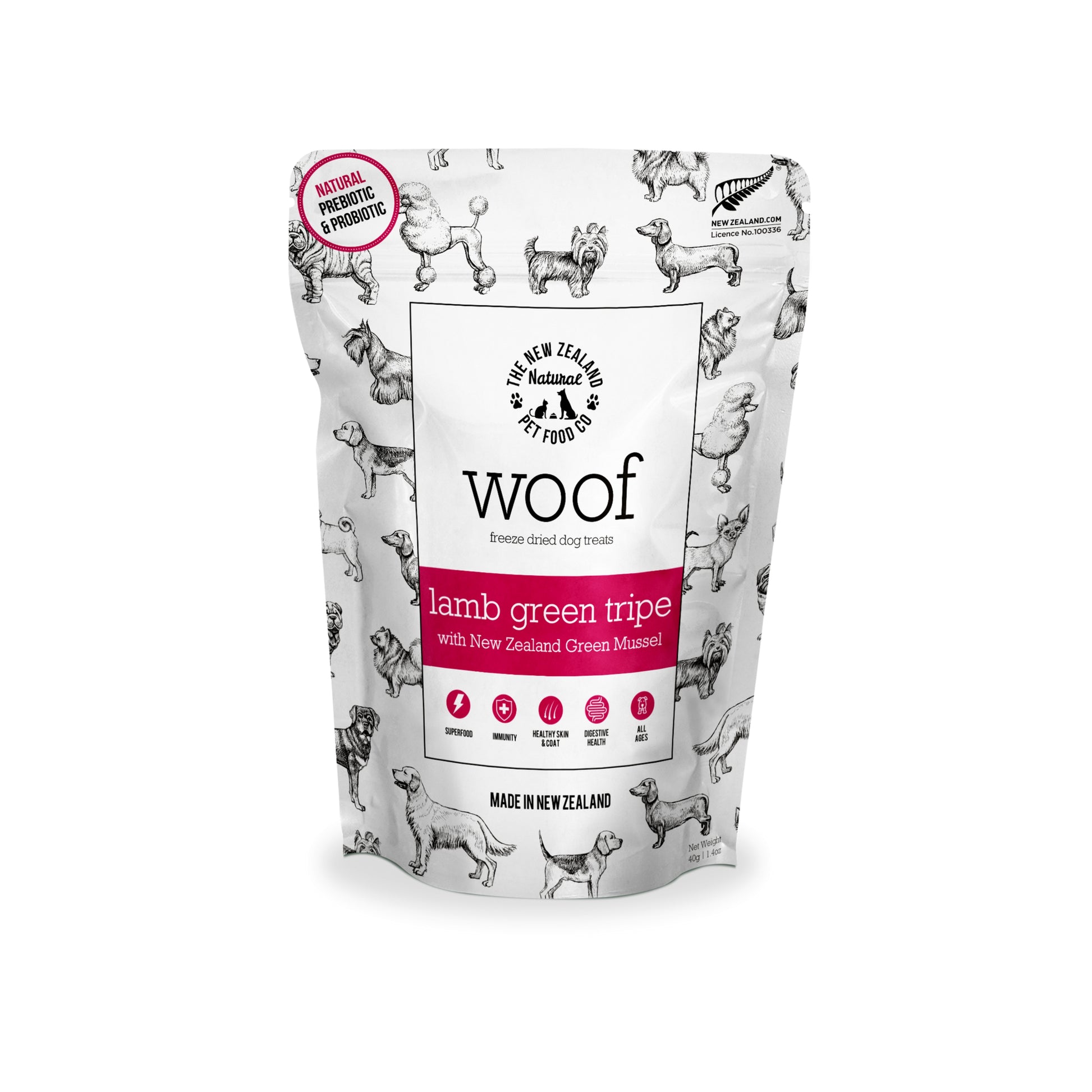 A package of WOOF Lamb Green Tripe Dog Treats featuring a white background with product name and an illustration of dogs. The package is marked as 100% New Zealand.