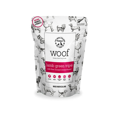 A package of WOOF Lamb Green Tripe Dog Treats featuring a white background with product name and an illustration of dogs. The package is marked as 100% New Zealand.