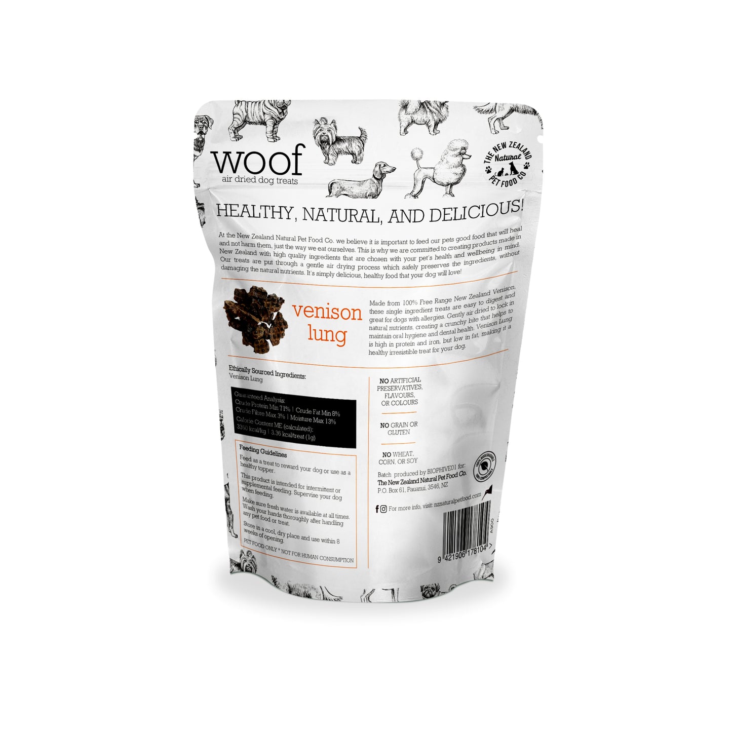 The back of a package of WOOF Venison Lung Dog Treats featuring a white background with product name and an illustration of dogs. The package is marked as 100% New Zealand.