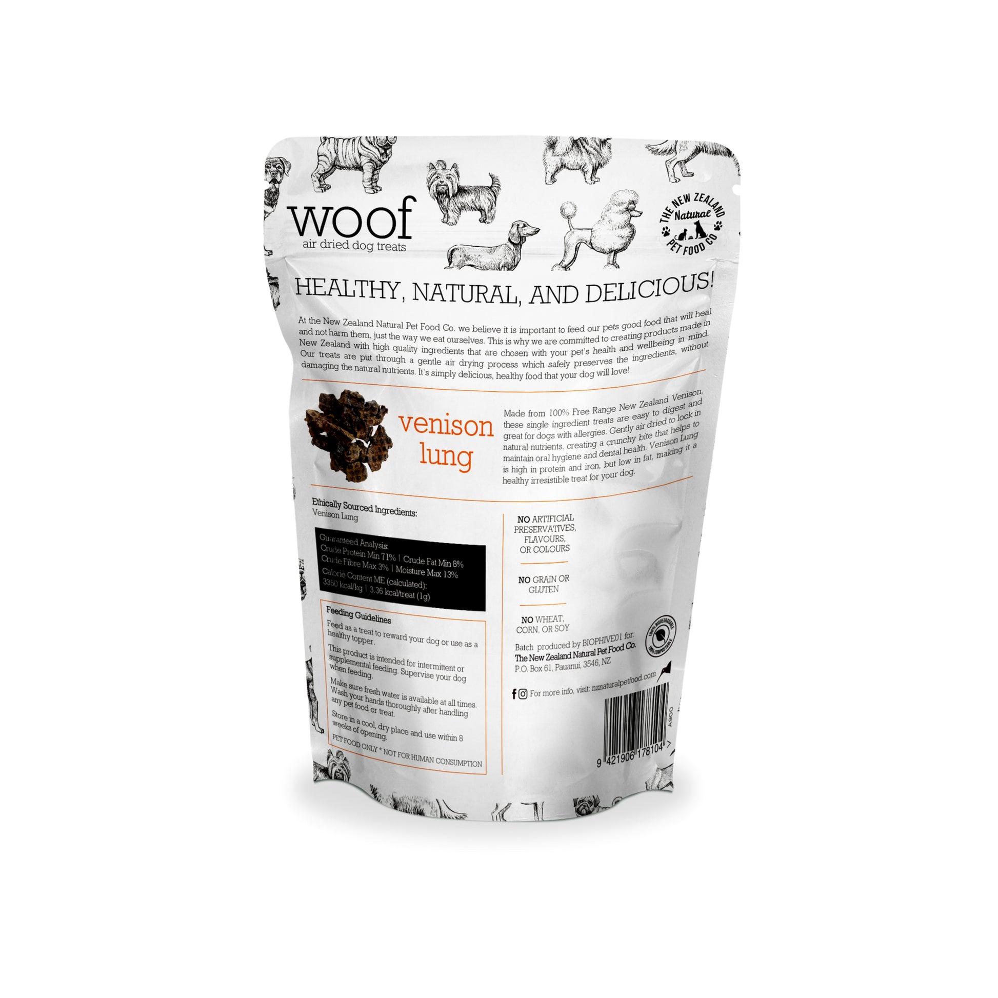 The back of a package of WOOF Venison Lung Dog Treats featuring a white background with product name and an illustration of dogs. The package is marked as 100% New Zealand.